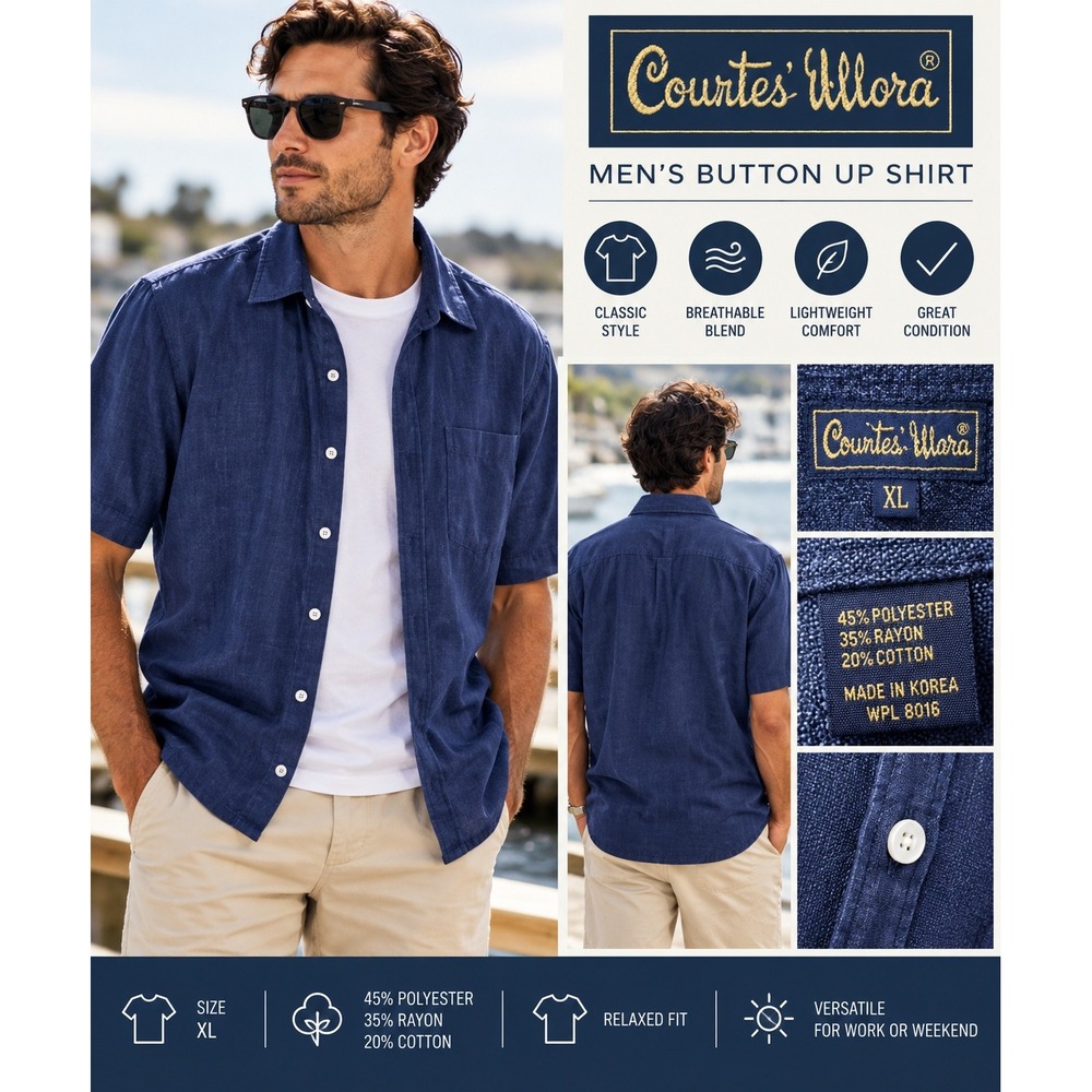 Vintage Countess Mara Men's XL Navy Short Sleeve Button Up Shirt Rayon Blend